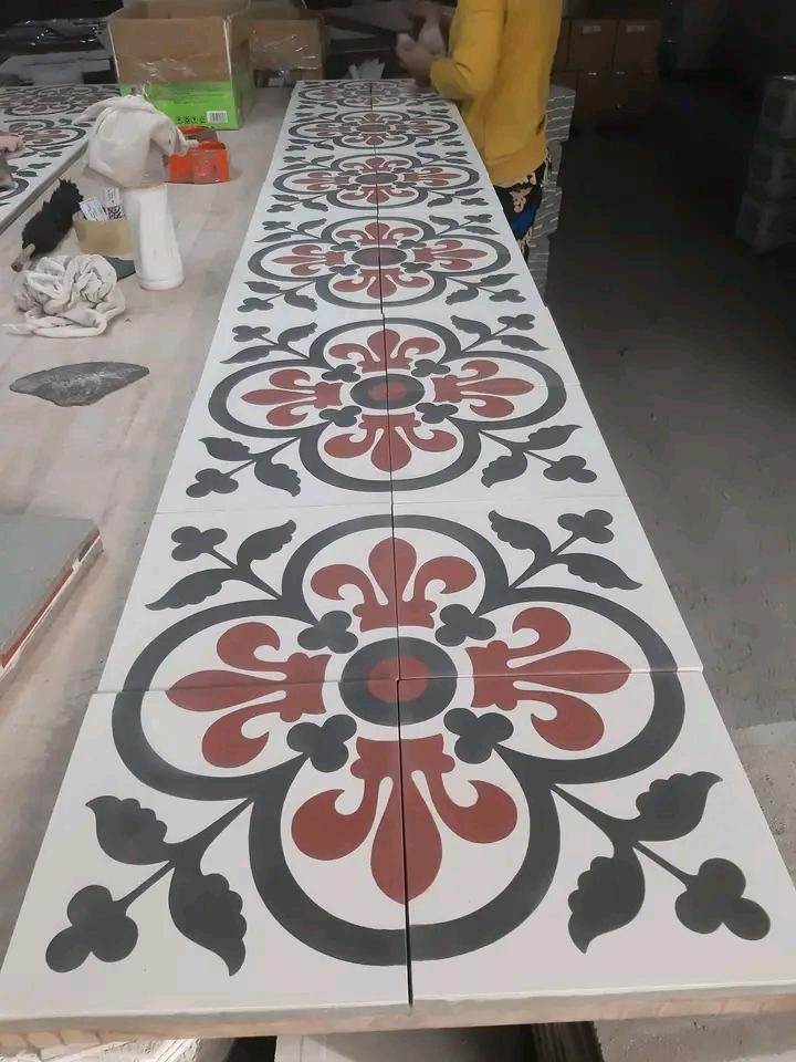 Moroccan Grand Floral Runner Cement Tile – Terracotta, Charcoal & White