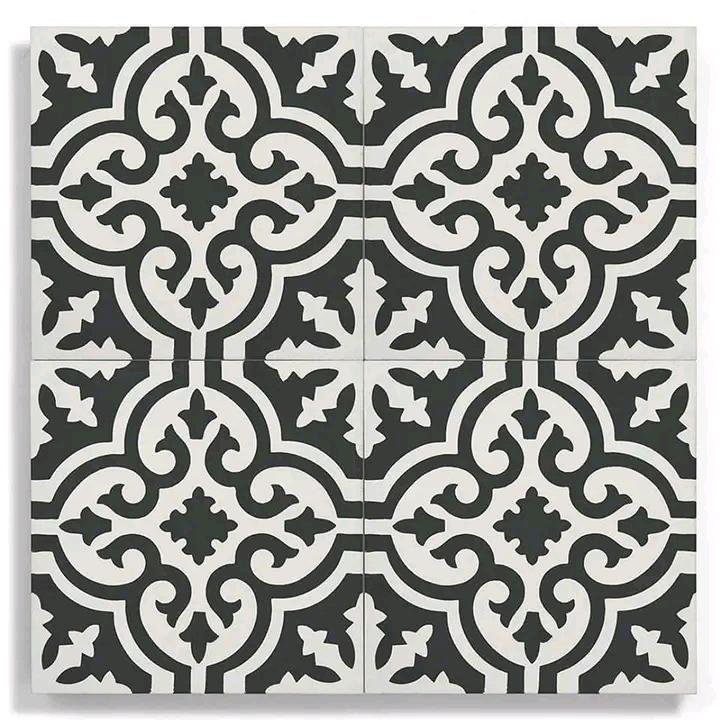Moroccan Quatrefoil Scroll Cement Tile – Graphite & Ivory