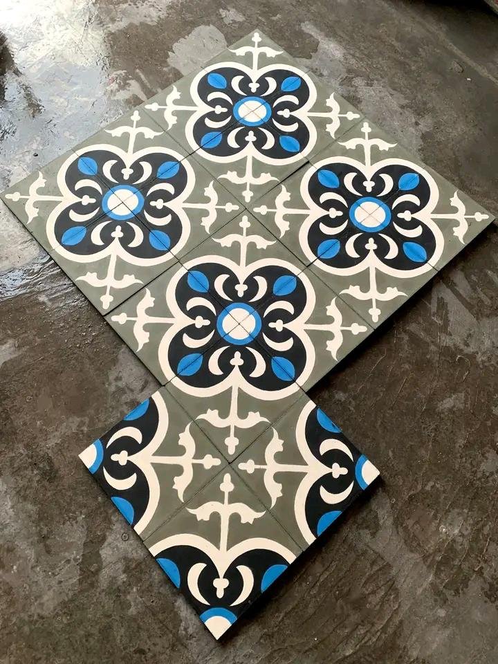 Moroccan Ornamental Clover Cement Tile – Charcoal, Sky Blue & Sage