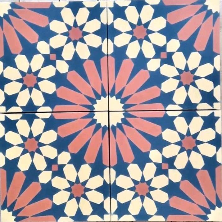 Moroccan Floral Starburst Cement Tile – Navy, Coral & Cream